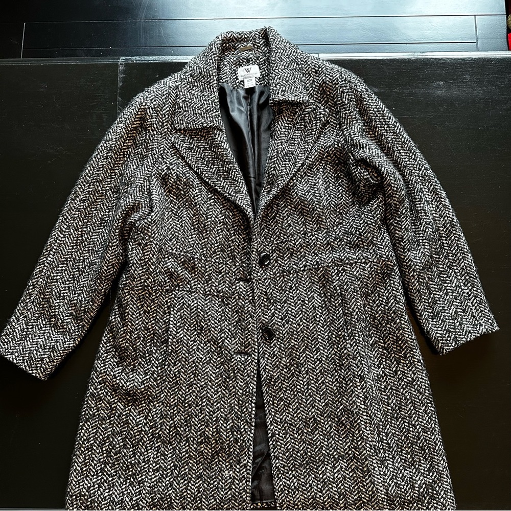 Worthington XL Gray Black and White Chevron Pattern Coat Trench Coat Wool
